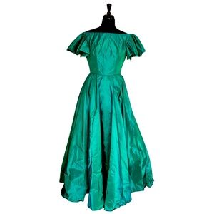 Vintage Emma Domb Elegant Teal Off-Shoulder Silk Dress